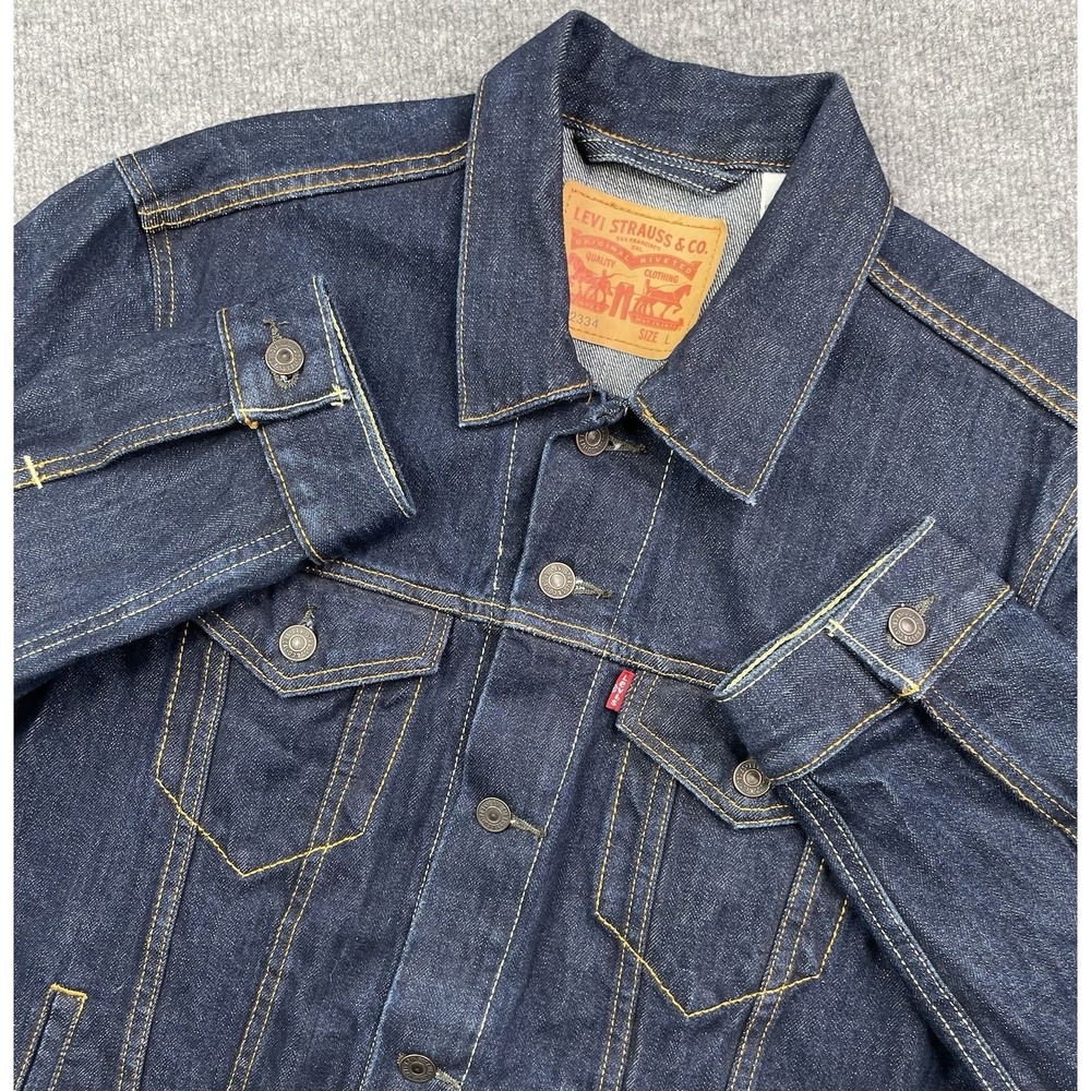 Levis mens denim trucker jacket raw dark blue button up style 72334 size large